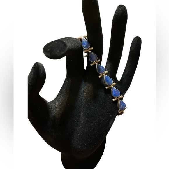 Antique Jewelry - Antique Lapis Inlay 975 Chilean Sterling Silver Bracelet